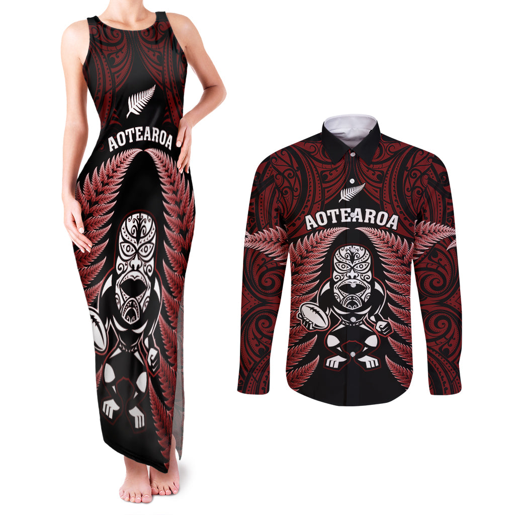 New Zealand Aotearoa Rugby Couples Matching Tank Maxi Dress and Long Sleeve Button Shirts NZ Tiki With Maori Fern World Cup Red Version - Wonder Print Shop