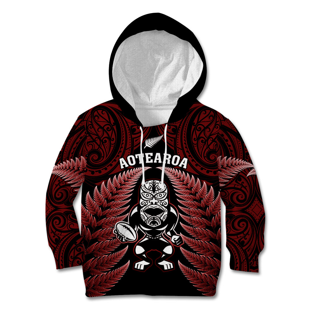 New Zealand Aotearoa Rugby Kid Hoodie NZ Tiki With Maori Fern World Cup Red Version - Wonder Print Shop