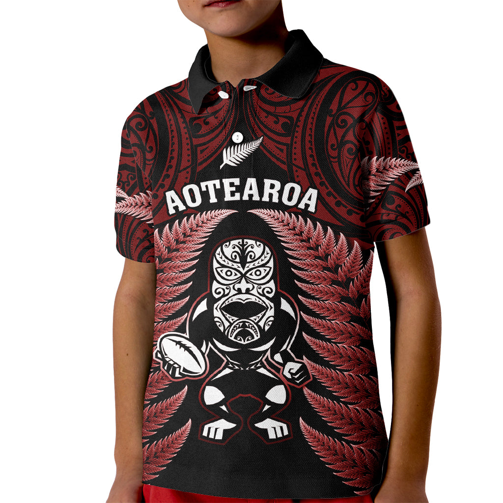 New Zealand Aotearoa Rugby Kid Polo Shirt NZ Tiki With Maori Fern World Cup Red Version - Wonder Print Shop