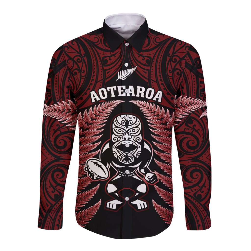 New Zealand Aotearoa Rugby Long Sleeve Button Shirt NZ Tiki With Maori Fern World Cup Red Version - Wonder Print Shop