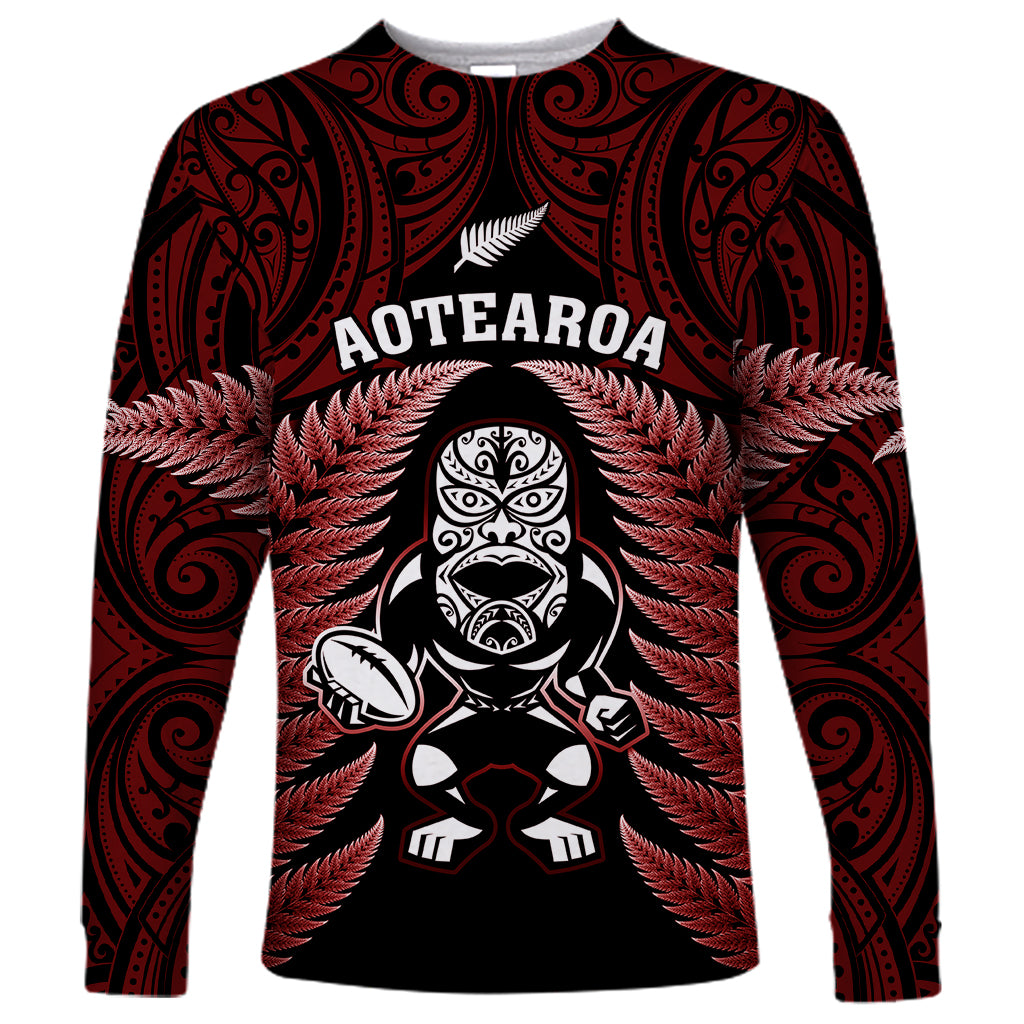 New Zealand Aotearoa Rugby Long Sleeve Shirt NZ Tiki With Maori Fern World Cup Red Version - Wonder Print Shop