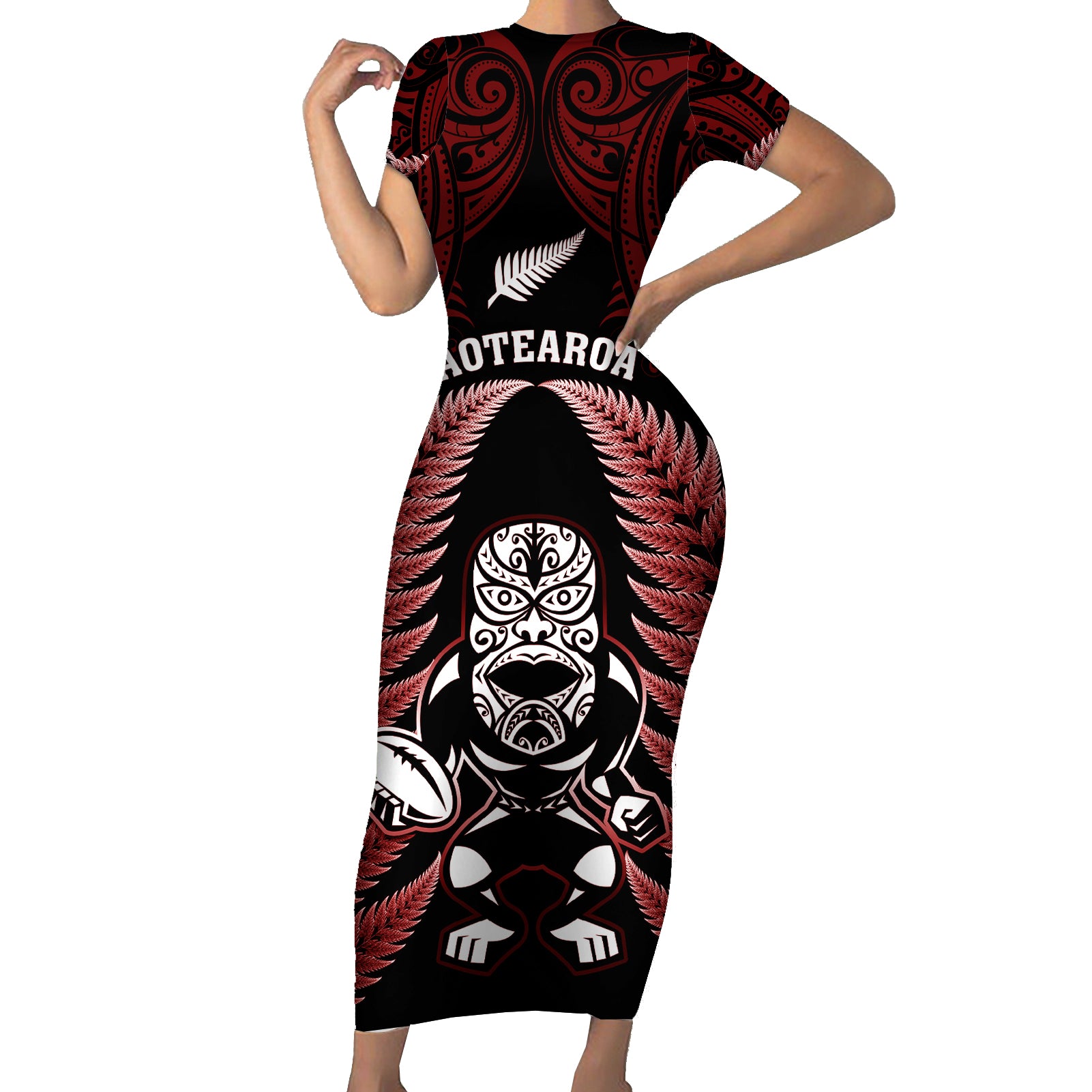 New Zealand Aotearoa Rugby Short Sleeve Bodycon Dress NZ Tiki With Maori Fern World Cup Red Version - Wonder Print Shop