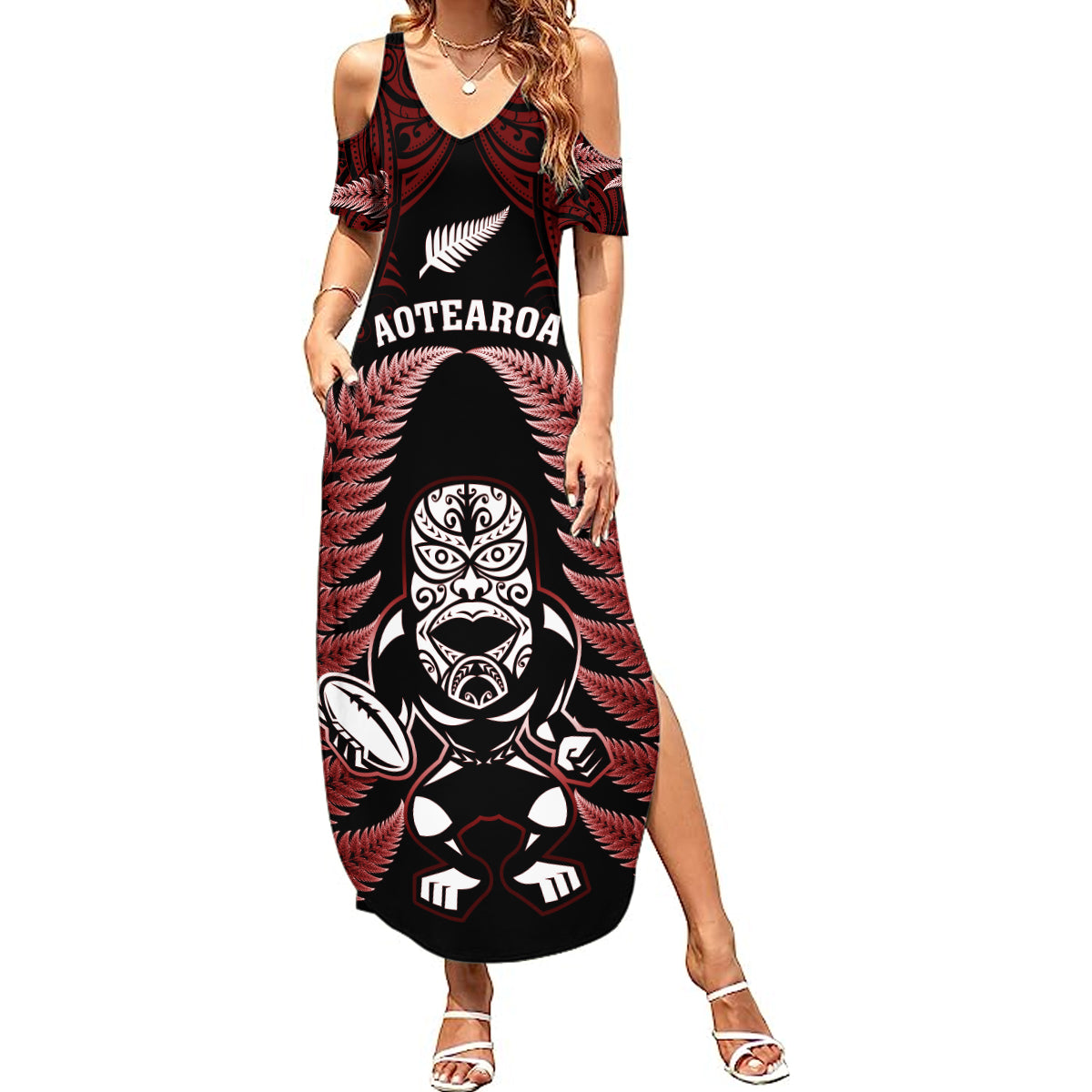 New Zealand Aotearoa Rugby Summer Maxi Dress NZ Tiki With Maori Fern World Cup Red Version - Wonder Print Shop