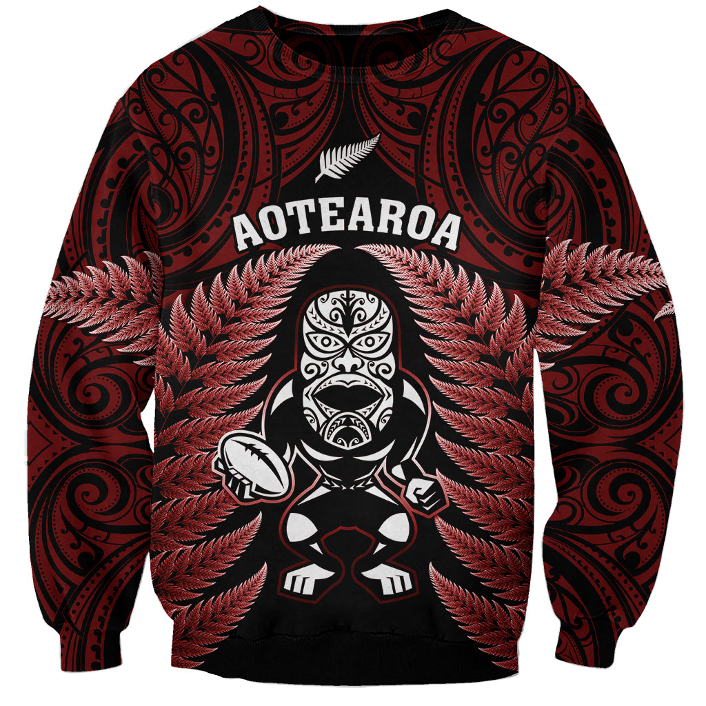 New Zealand Aotearoa Rugby Sweatshirt NZ Tiki With Maori Fern World Cup Red Version - Wonder Print Shop