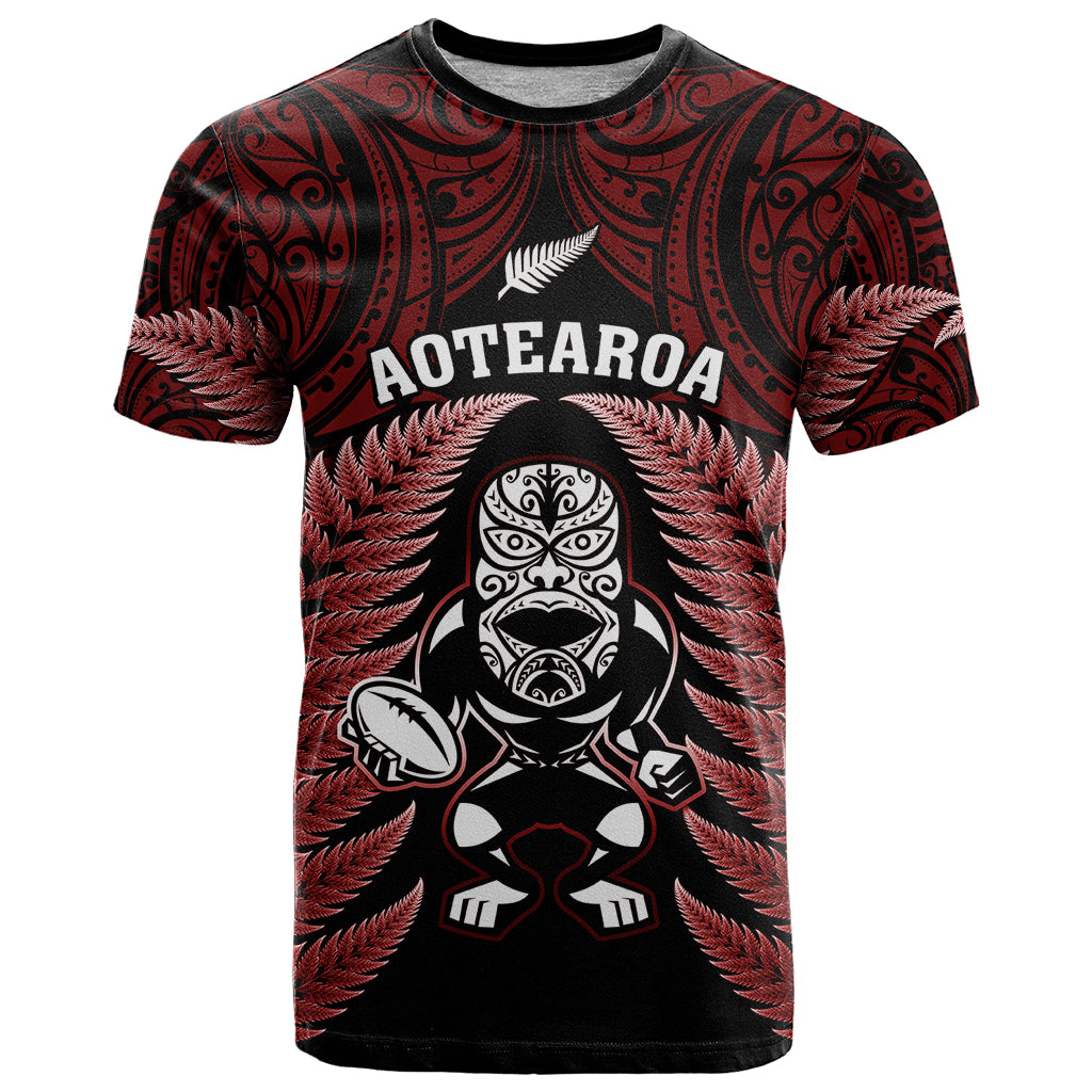 New Zealand Aotearoa Rugby T Shirt NZ Tiki With Maori Fern World Cup Red Version - Wonder Print Shop