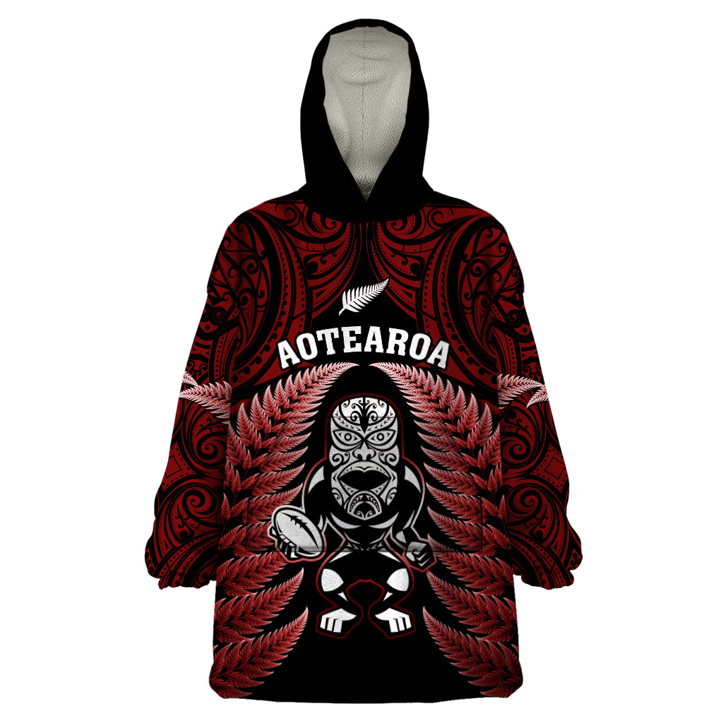 New Zealand Aotearoa Rugby Wearable Blanket Hoodie NZ Tiki With Maori Fern World Cup Red Version - Wonder Print Shop