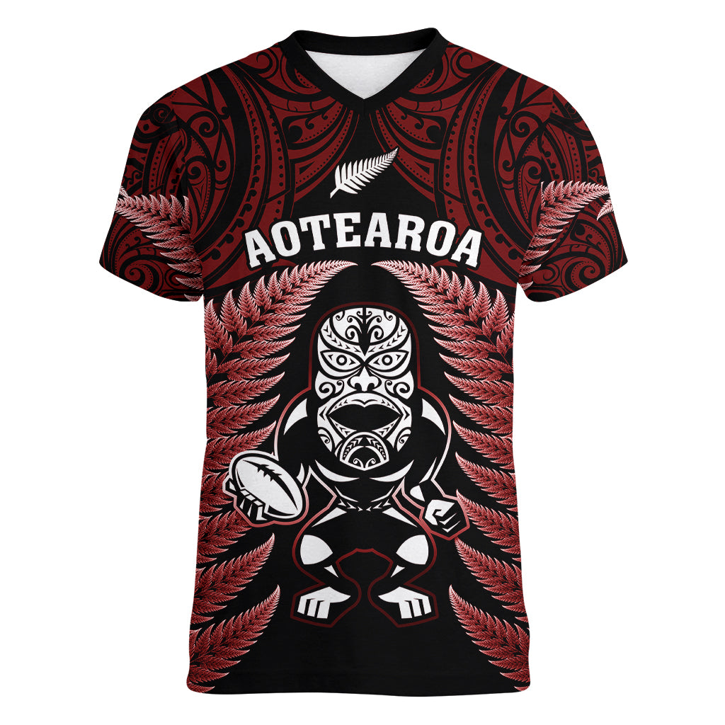 New Zealand Aotearoa Rugby Women V Neck T Shirt NZ Tiki With Maori Fern World Cup Red Version - Wonder Print Shop