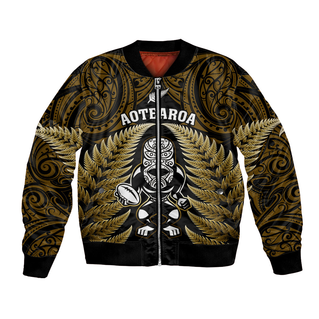 New Zealand Aotearoa Rugby Bomber Jacket NZ Tiki With Maori Fern World Cup Gold Version - Wonder Print Shop