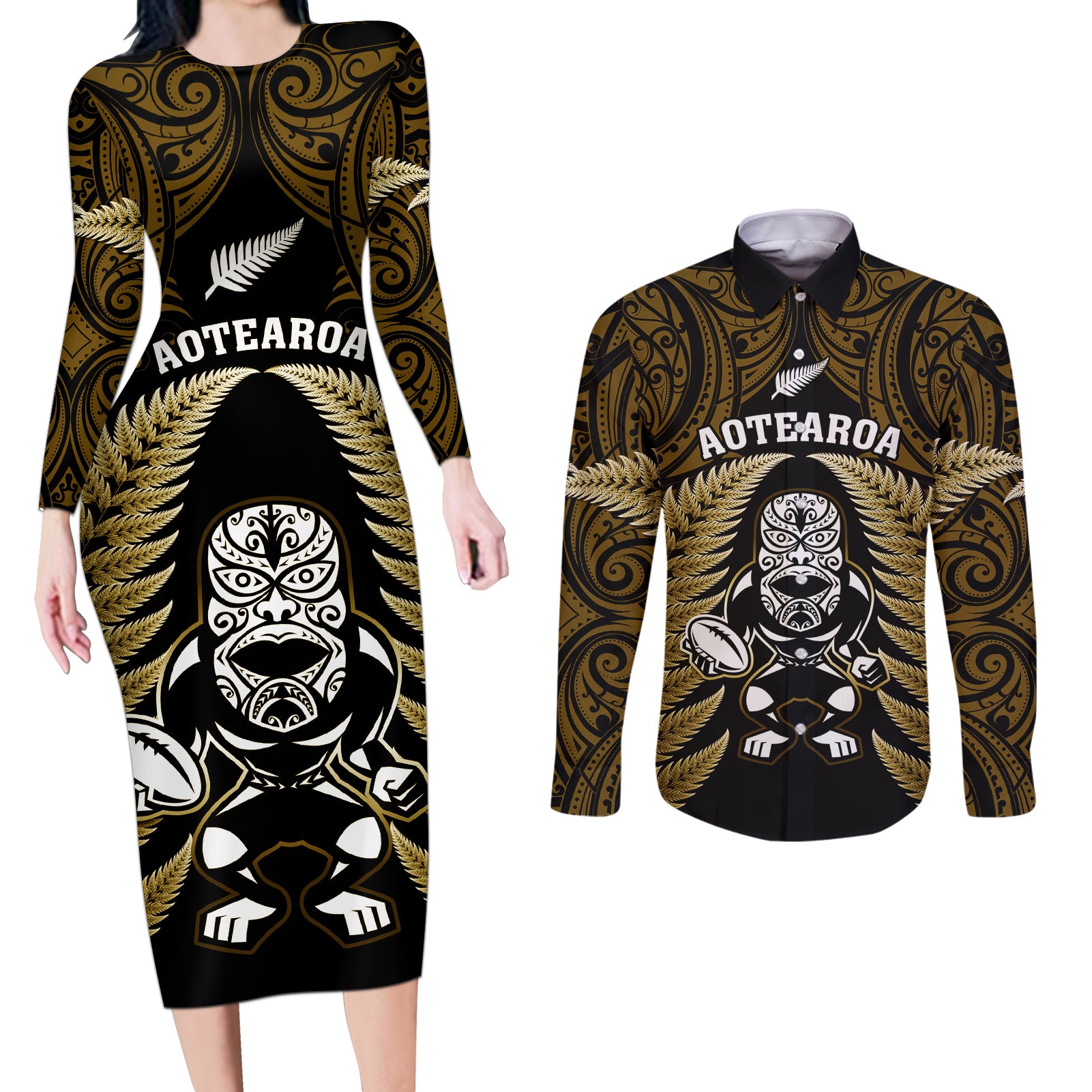 New Zealand Aotearoa Rugby Couples Matching Long Sleeve Bodycon Dress and Long Sleeve Button Shirts NZ Tiki With Maori Fern World Cup Gold Version - Wonder Print Shop