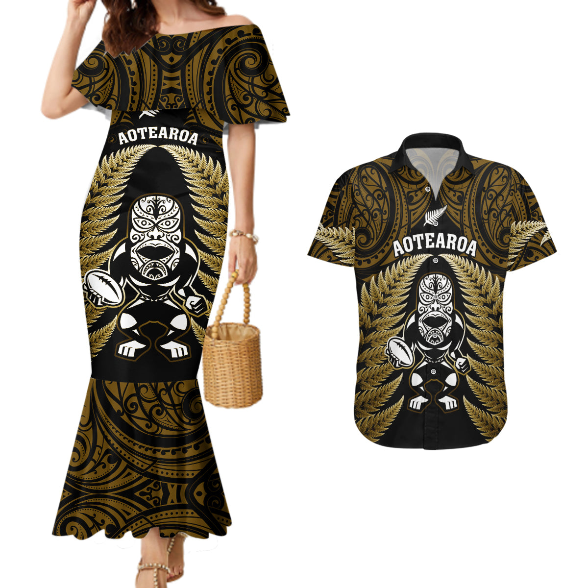 New Zealand Aotearoa Rugby Couples Matching Mermaid Dress and Hawaiian Shirt NZ Tiki With Maori Fern World Cup Gold Version - Wonder Print Shop