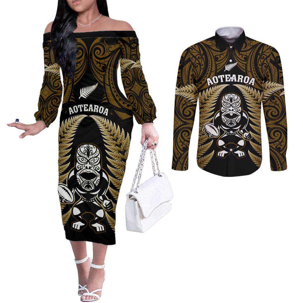 new-zealand-aotearoa-rugby-couples-matching-off-the-shoulder-long-sleeve-dress-and-long-sleeve-button-shirts-nz-tiki-with-maori-fern-world-cup-gold-version