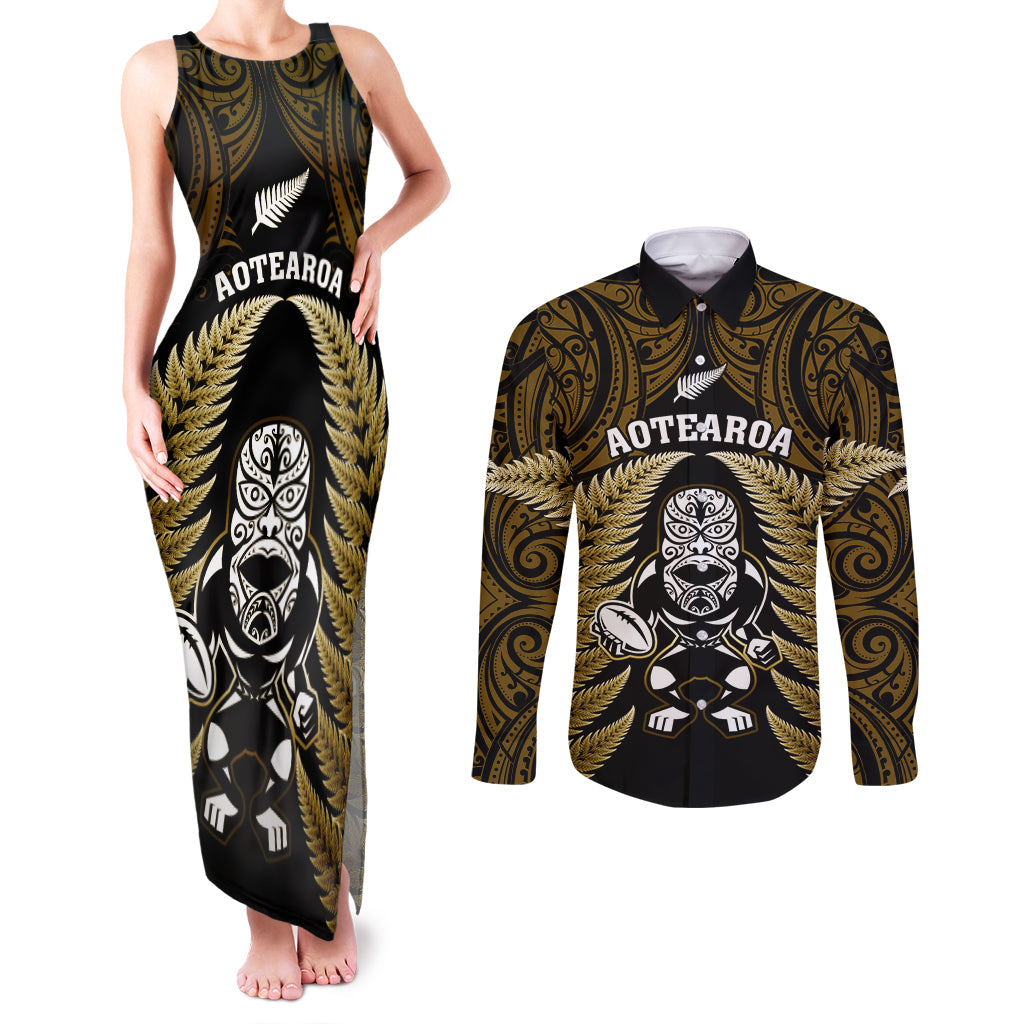 New Zealand Aotearoa Rugby Couples Matching Tank Maxi Dress and Long Sleeve Button Shirts NZ Tiki With Maori Fern World Cup Gold Version - Wonder Print Shop