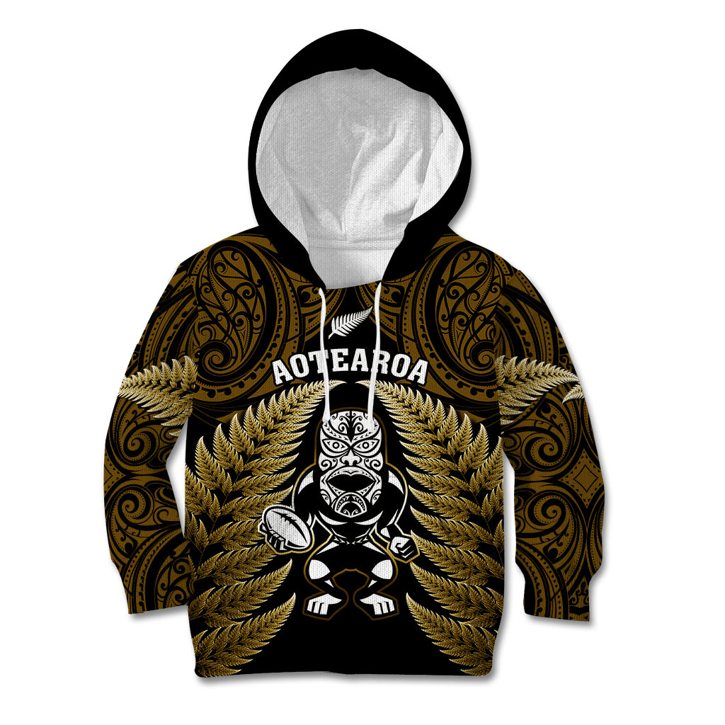 New Zealand Aotearoa Rugby Kid Hoodie NZ Tiki With Maori Fern World Cup Gold Version - Wonder Print Shop