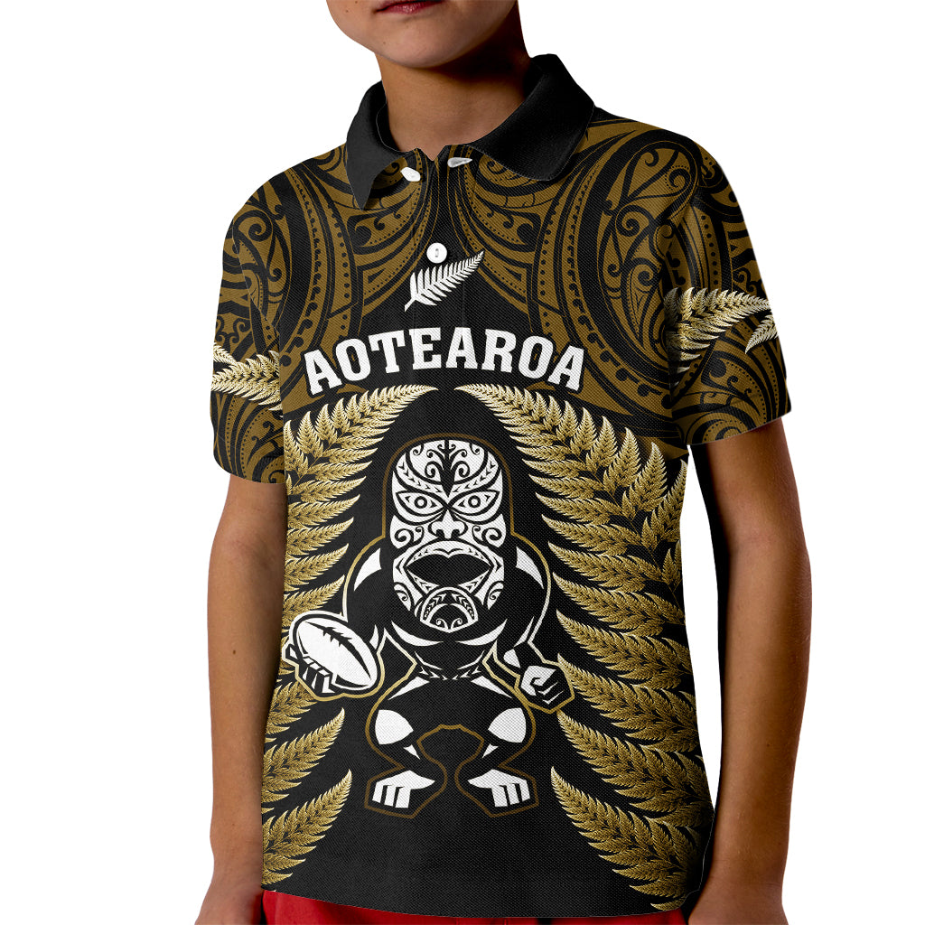 New Zealand Aotearoa Rugby Kid Polo Shirt NZ Tiki With Maori Fern World Cup Gold Version - Wonder Print Shop