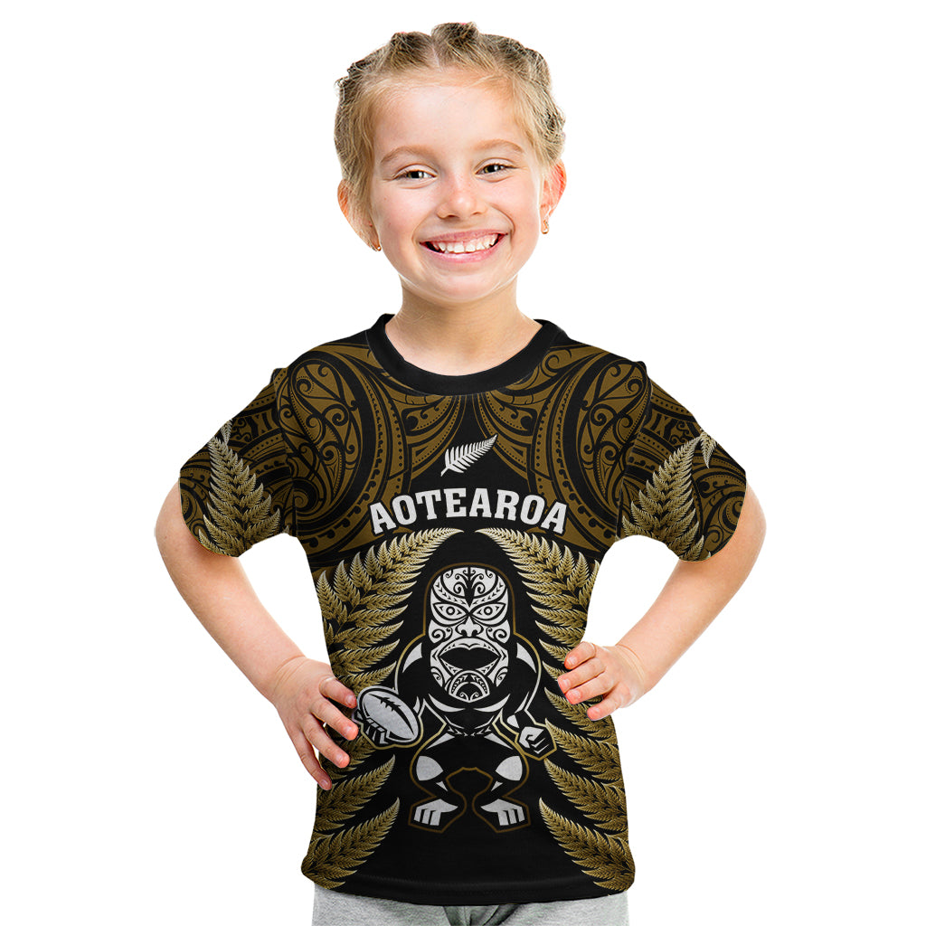 New Zealand Aotearoa Rugby Kid T Shirt NZ Tiki With Maori Fern World Cup Gold Version - Wonder Print Shop