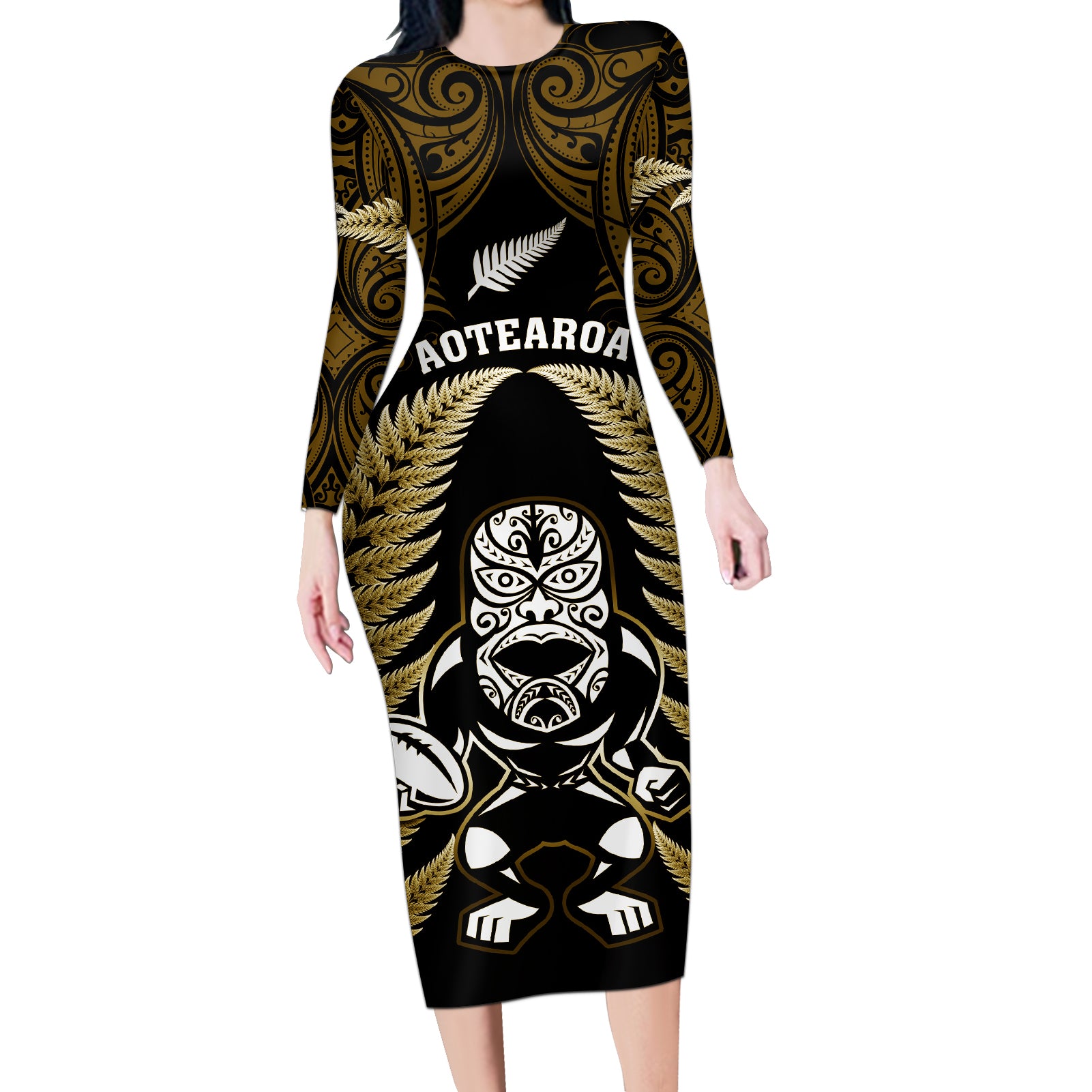 New Zealand Aotearoa Rugby Long Sleeve Bodycon Dress NZ Tiki With Maori Fern World Cup Gold Version - Wonder Print Shop