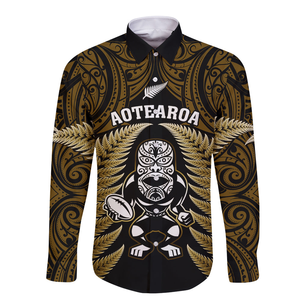 New Zealand Aotearoa Rugby Long Sleeve Button Shirt NZ Tiki With Maori Fern World Cup Gold Version - Wonder Print Shop