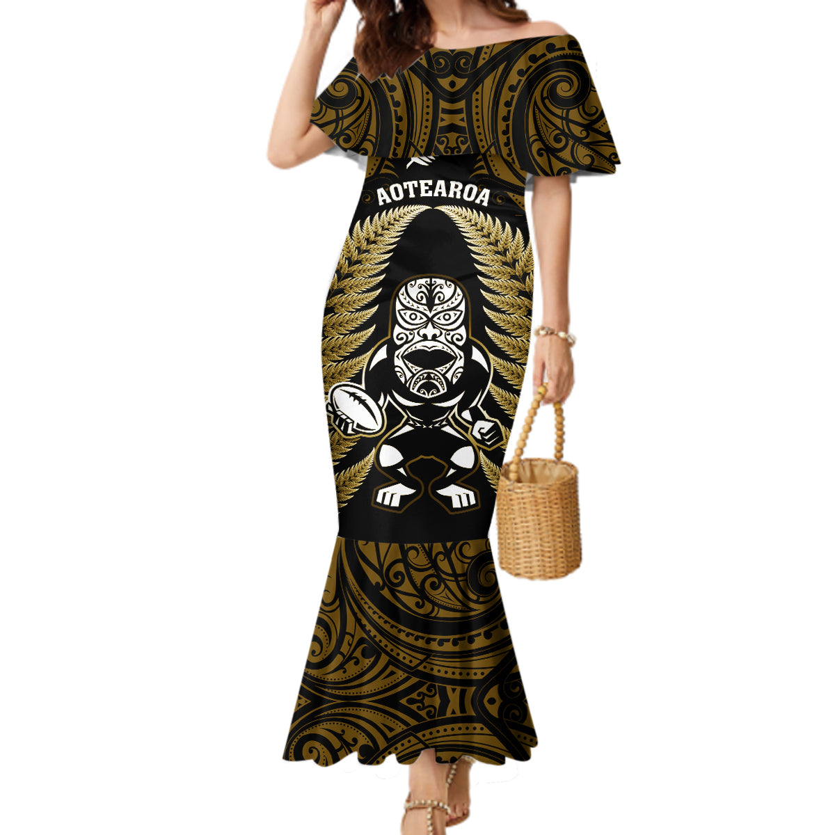 New Zealand Aotearoa Rugby Mermaid Dress NZ Tiki With Maori Fern World Cup Gold Version - Wonder Print Shop