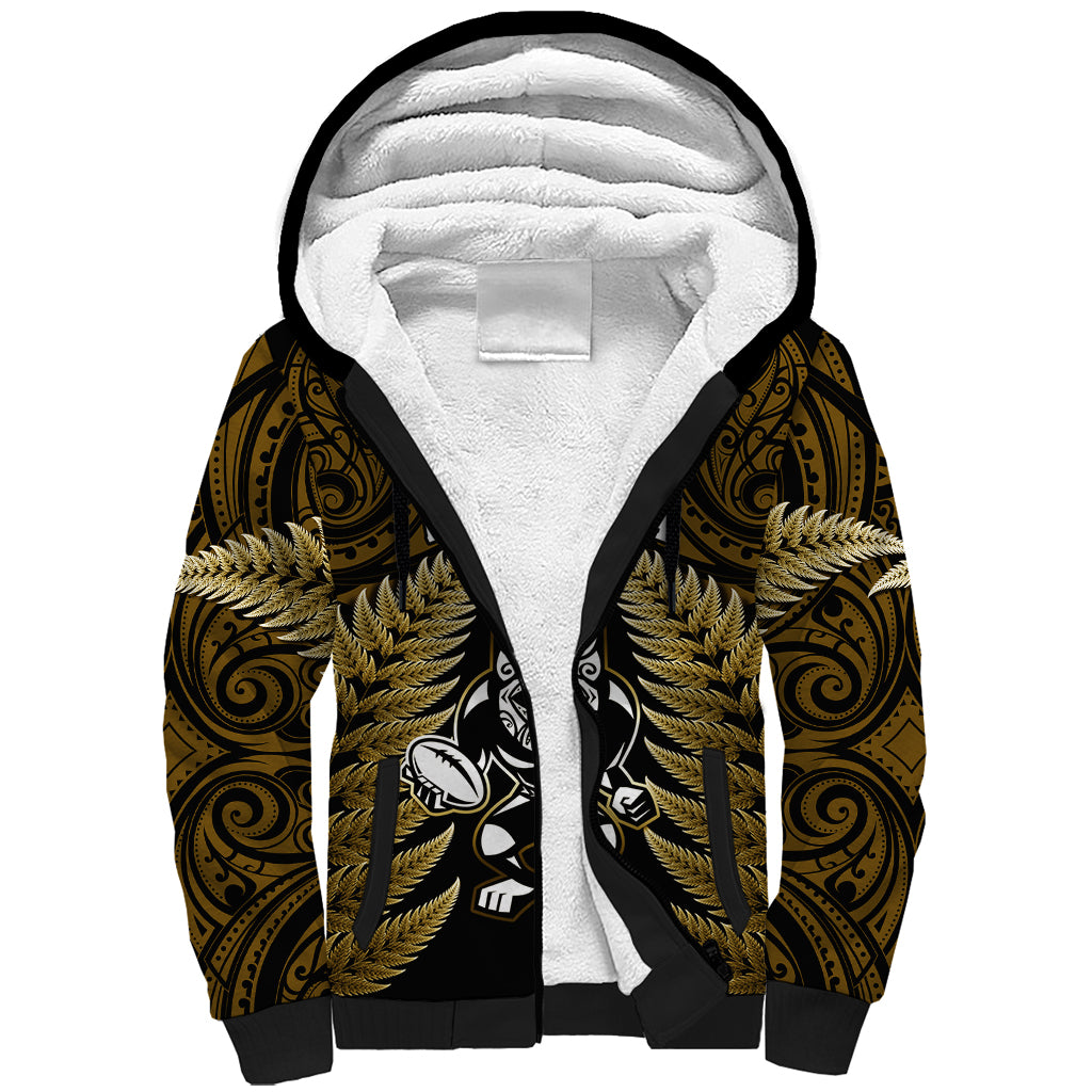 New Zealand Aotearoa Rugby Sherpa Hoodie NZ Tiki With Maori Fern World Cup Gold Version - Wonder Print Shop