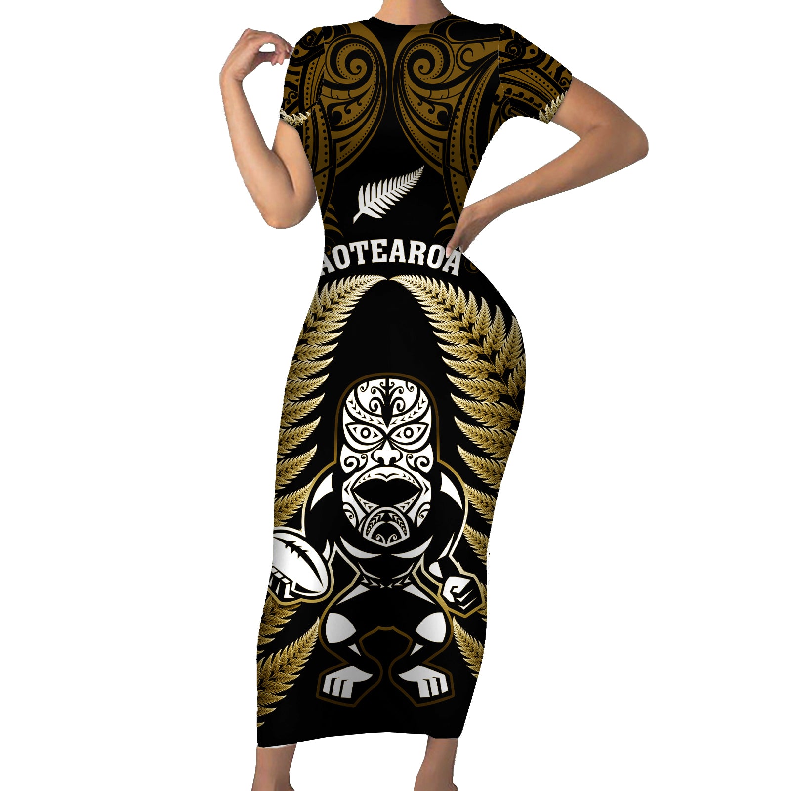 New Zealand Aotearoa Rugby Short Sleeve Bodycon Dress NZ Tiki With Maori Fern World Cup Gold Version - Wonder Print Shop