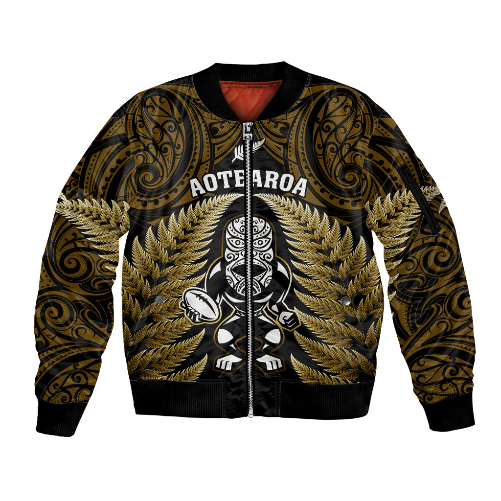 New Zealand Aotearoa Rugby Sleeve Zip Bomber Jacket NZ Tiki With Maori Fern World Cup Gold Version - Wonder Print Shop