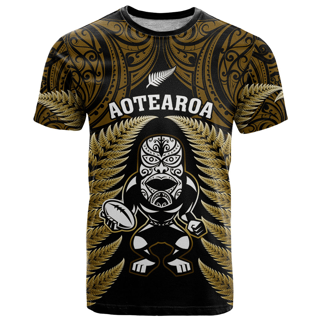 New Zealand Aotearoa Rugby T Shirt NZ Tiki With Maori Fern World Cup Gold Version - Wonder Print Shop