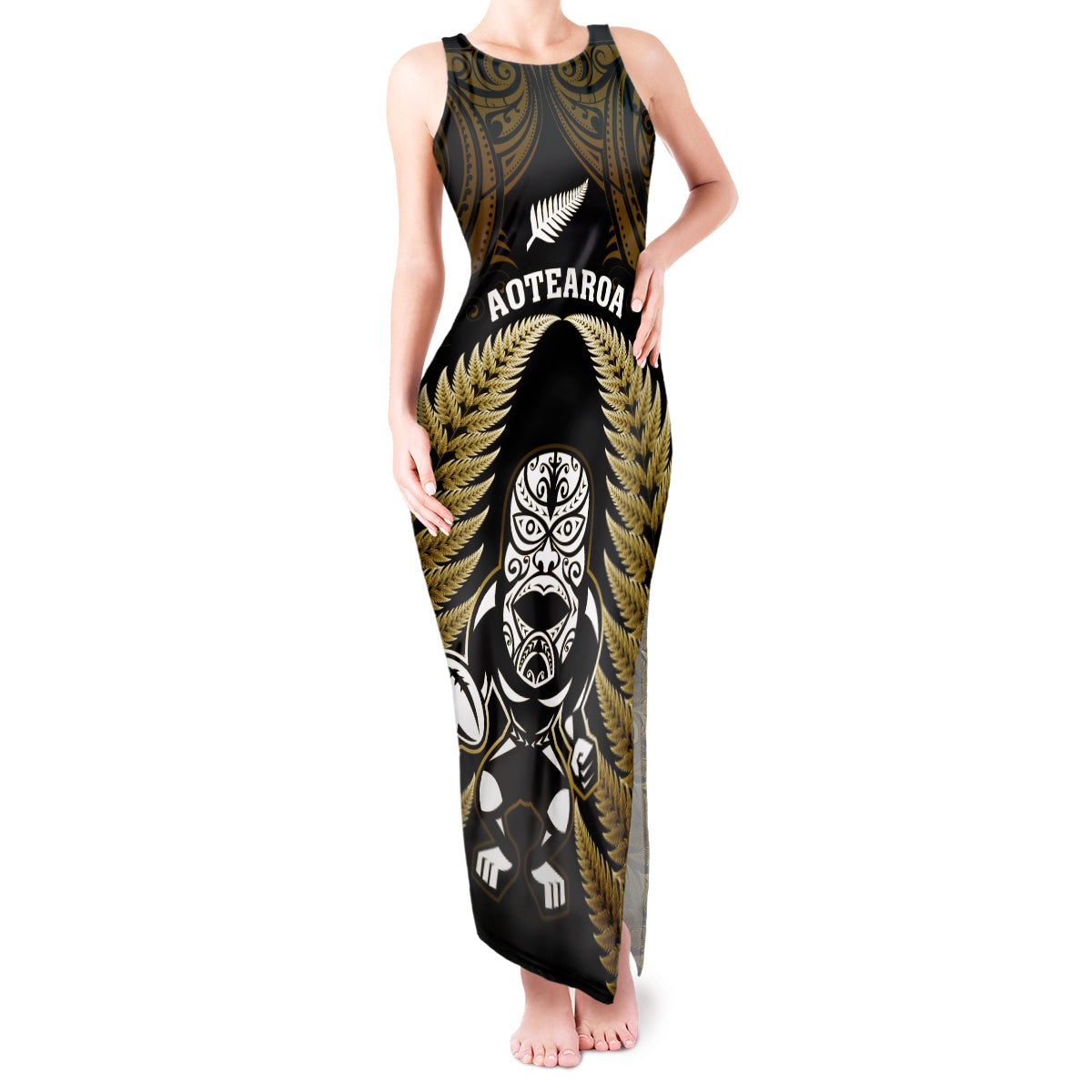 New Zealand Aotearoa Rugby Tank Maxi Dress NZ Tiki With Maori Fern World Cup Gold Version - Wonder Print Shop