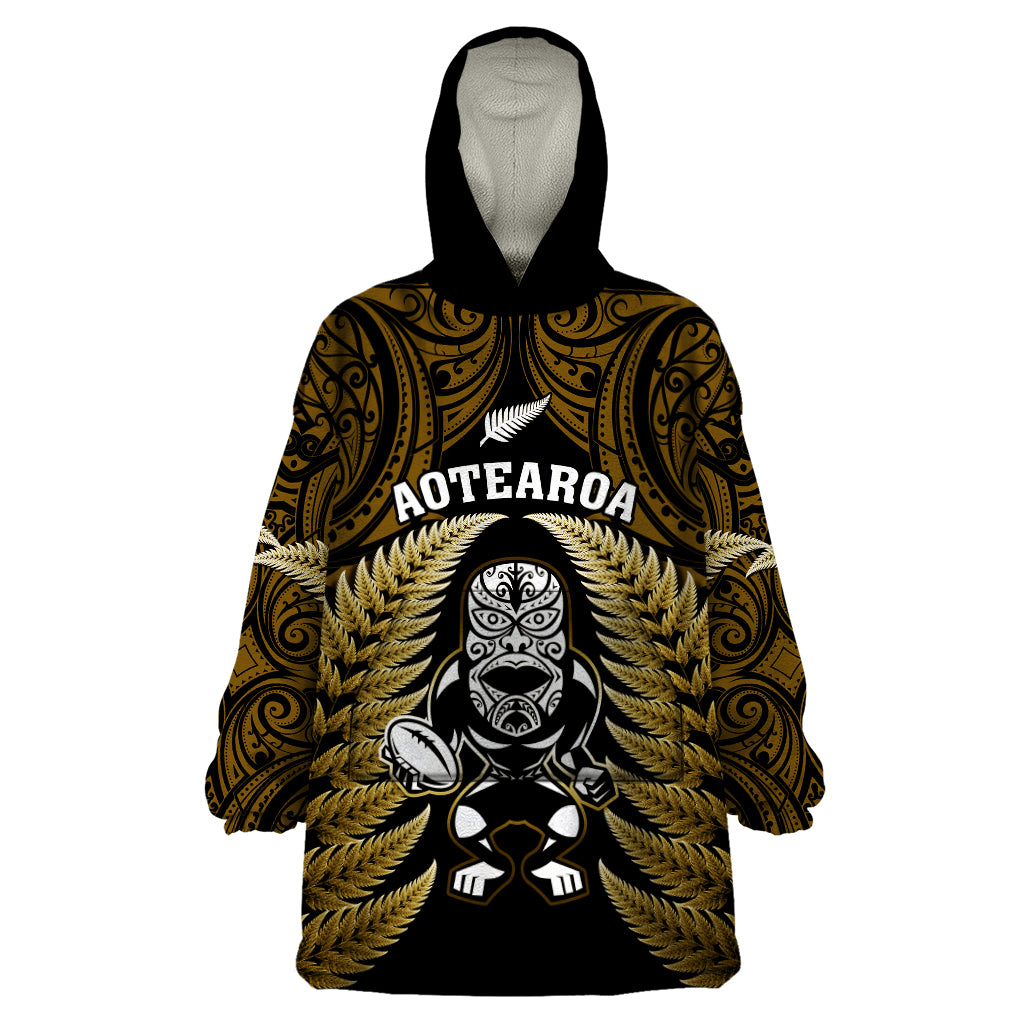 New Zealand Aotearoa Rugby Wearable Blanket Hoodie NZ Tiki With Maori Fern World Cup Gold Version - Wonder Print Shop