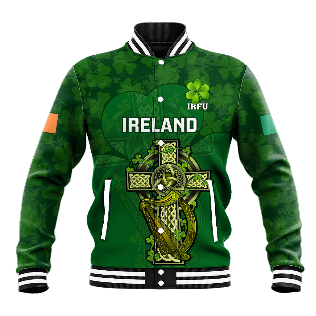 Green Ireland rugby baseball jacket with ribbed striped collar, snap buttons, front crest
