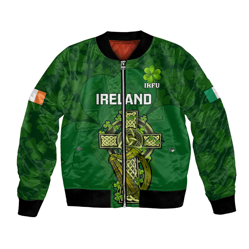 Green bomber jacket with front zipper, IRFU patch, and Celtic cross graphic