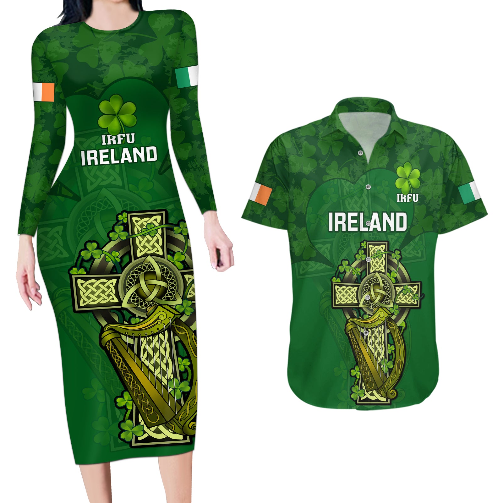 Ireland Rugby Couples Matching Long Sleeve Bodycon Dress and Hawaiian Shirt 2023 Word Cup Celtic Cross Go Champions Irish - Wonder Print Shop