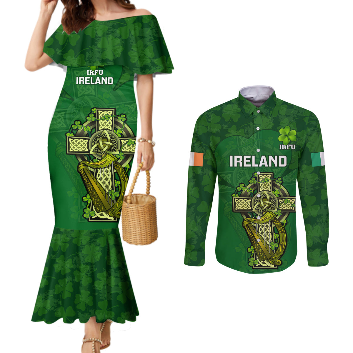 ireland-rugby-couples-matching-mermaid-dress-and-long-sleeve-button-shirts-2023-word-cup-celtic-cross-go-champions-irish