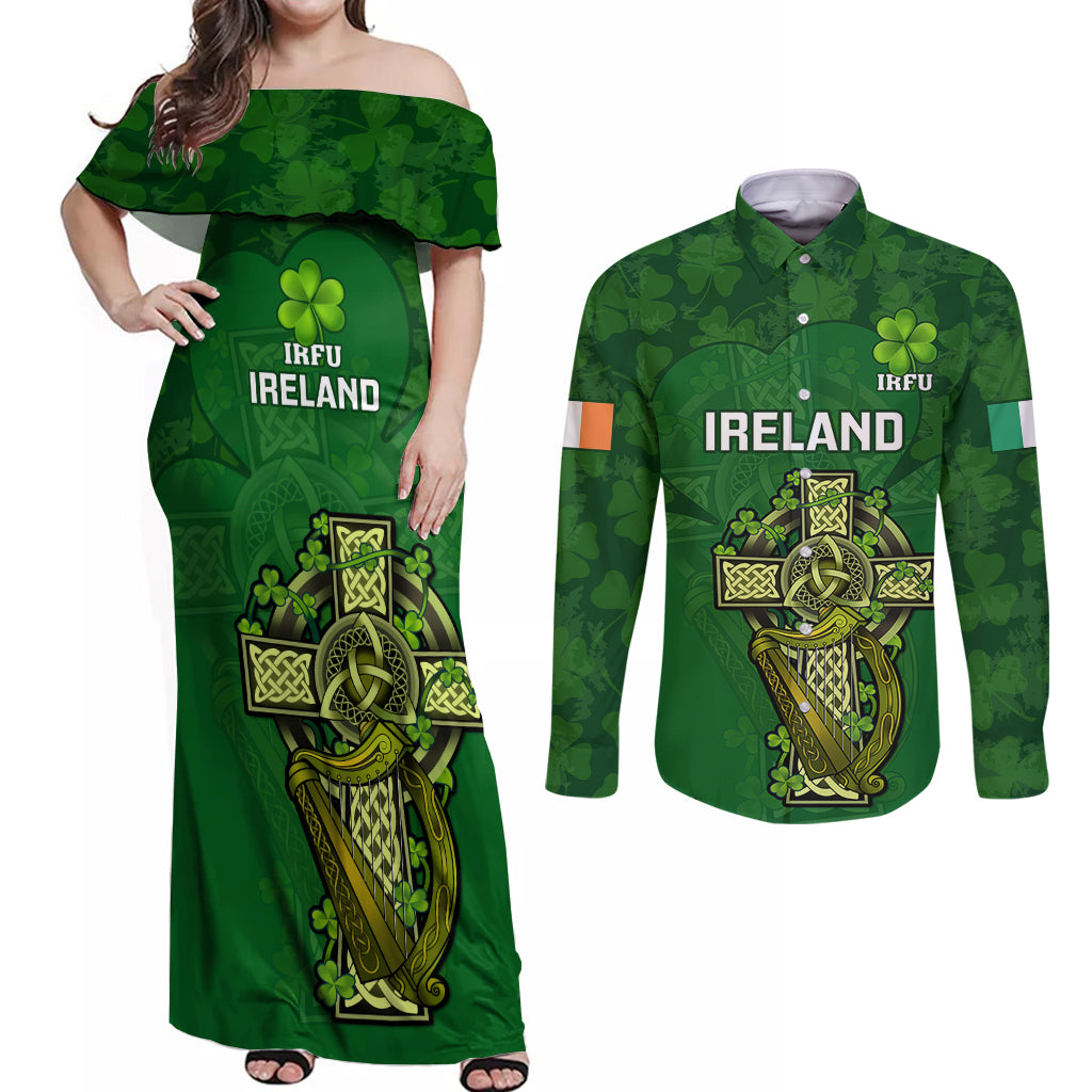 Ireland Rugby Couples Matching Off Shoulder Maxi Dress and Long Sleeve Button Shirts 2023 Word Cup Celtic Cross Go Champions Irish - Wonder Print Shop