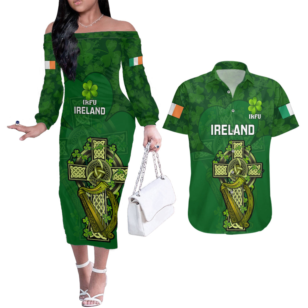 Ireland Rugby Couples Matching Off The Shoulder Long Sleeve Dress and Hawaiian Shirt 2023 Word Cup Celtic Cross Go Champions Irish - Wonder Print Shop