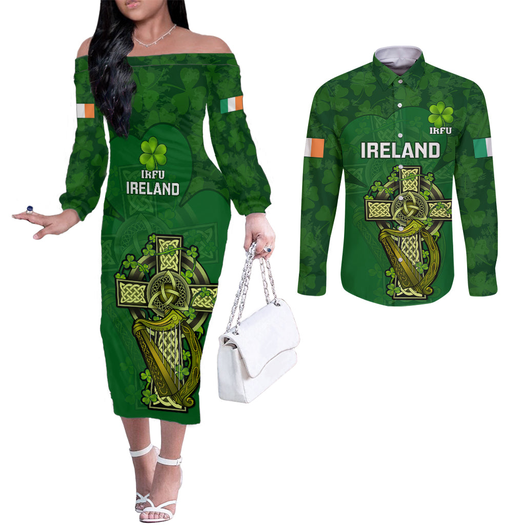 ireland-rugby-couples-matching-off-the-shoulder-long-sleeve-dress-and-long-sleeve-button-shirts-2023-word-cup-celtic-cross-go-champions-irish