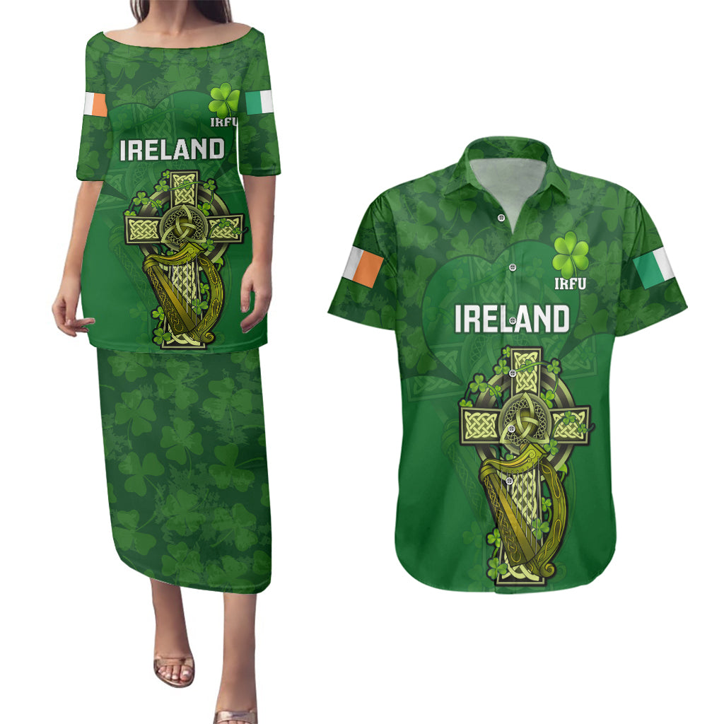 Ireland Rugby Couples Matching Puletasi Dress and Hawaiian Shirt 2023 Word Cup Celtic Cross Go Champions Irish - Wonder Print Shop