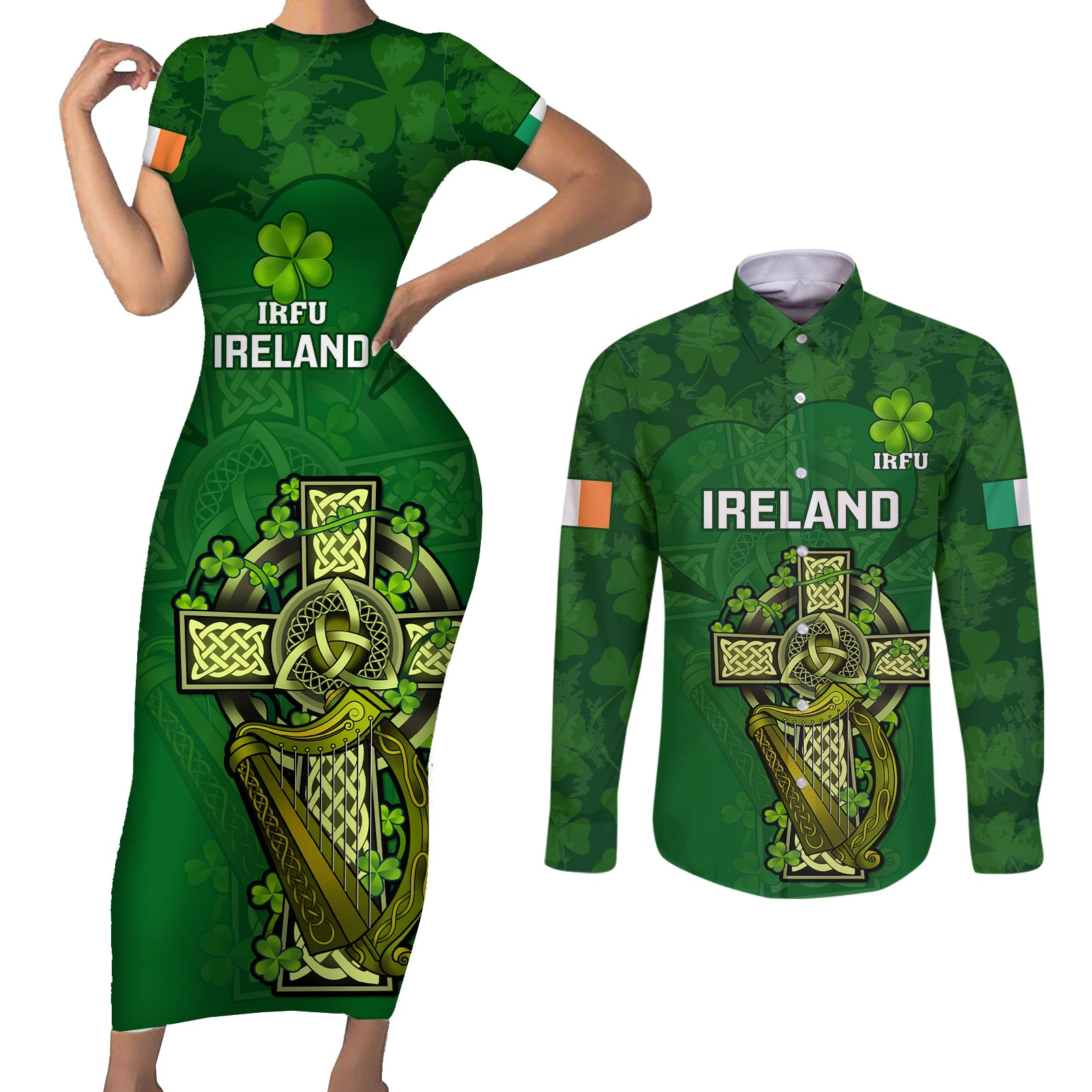 Ireland Rugby Couples Matching Short Sleeve Bodycon Dress and Long Sleeve Button Shirts 2023 Word Cup Celtic Cross Go Champions Irish - Wonder Print Shop