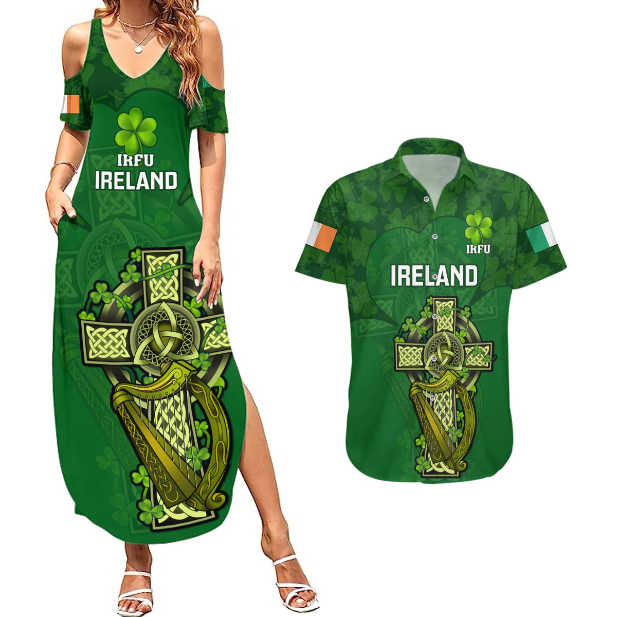 Ireland Rugby Couples Matching Summer Maxi Dress and Hawaiian Shirt 2023 Word Cup Celtic Cross Go Champions Irish - Wonder Print Shop