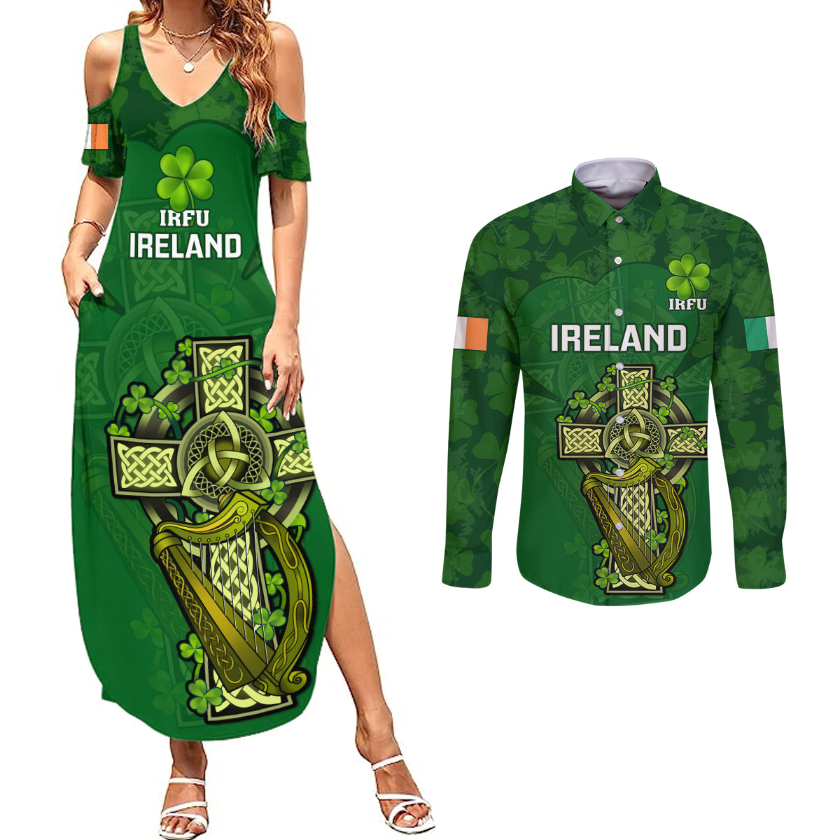 Ireland Rugby Couples Matching Summer Maxi Dress and Long Sleeve Button Shirts 2023 Word Cup Celtic Cross Go Champions Irish - Wonder Print Shop