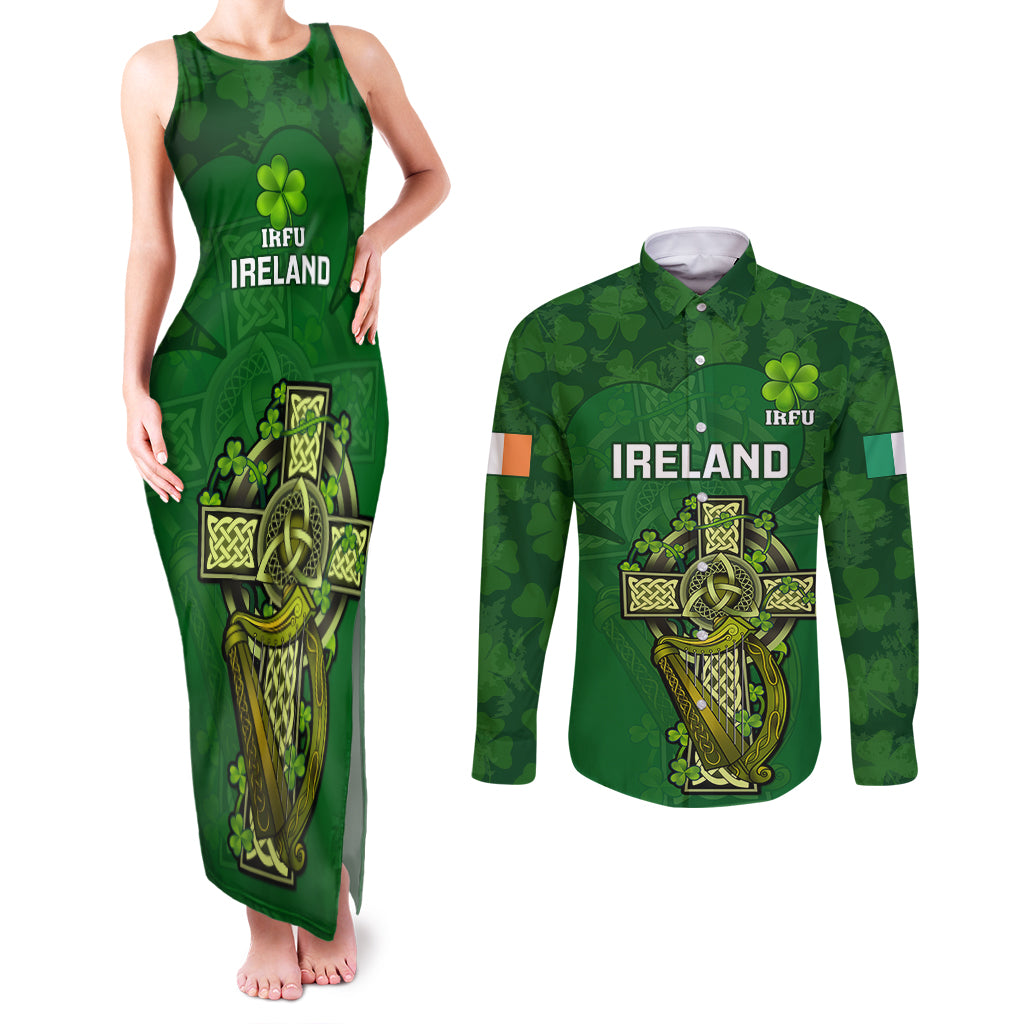 Ireland Rugby Couples Matching Tank Maxi Dress and Long Sleeve Button Shirts 2023 Word Cup Celtic Cross Go Champions Irish - Wonder Print Shop