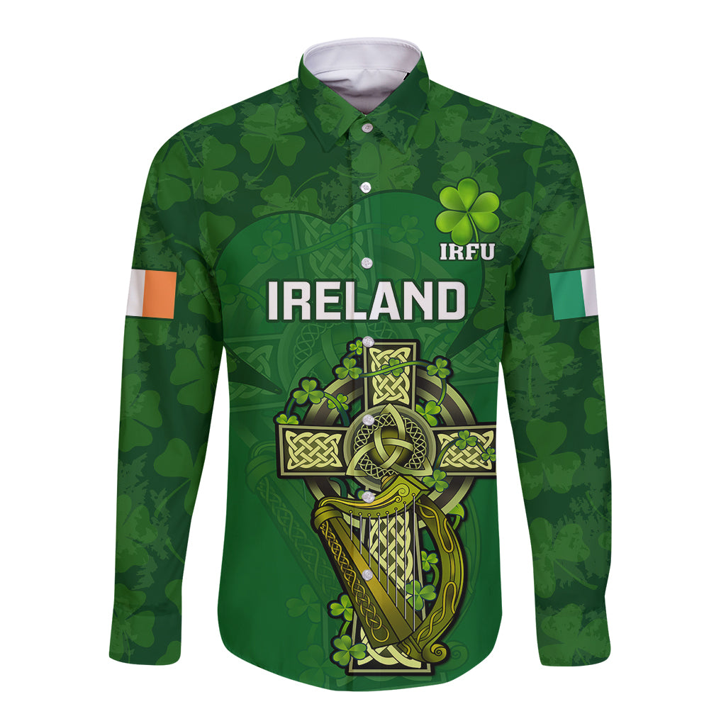 Green long-sleeve button rugby shirt with front crest and IRFU logo, 'IRELAND' text