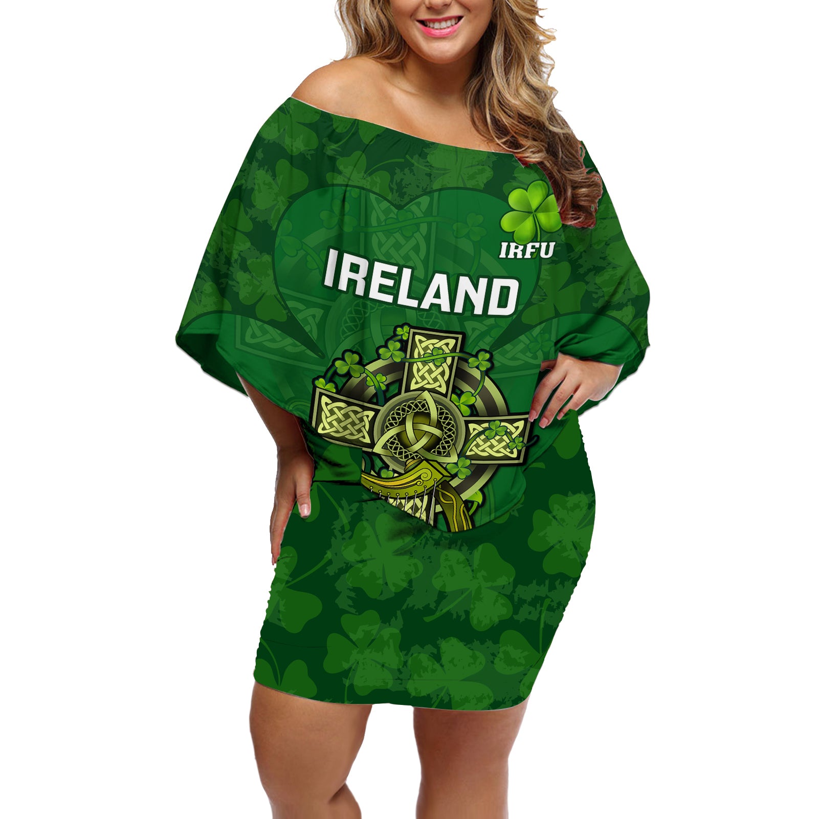 Ireland Rugby Off Shoulder Short Dress 2023 Word Cup Celtic Cross Go Champions Irish - Wonder Print Shop