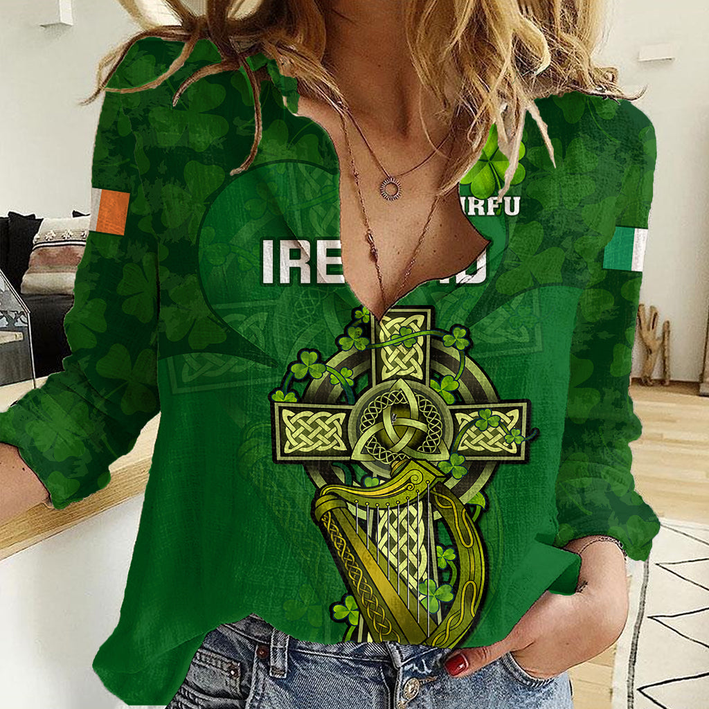Green women's rugby casual shirt with 'IRE' and IRFU logo, Celtic cross crest print
