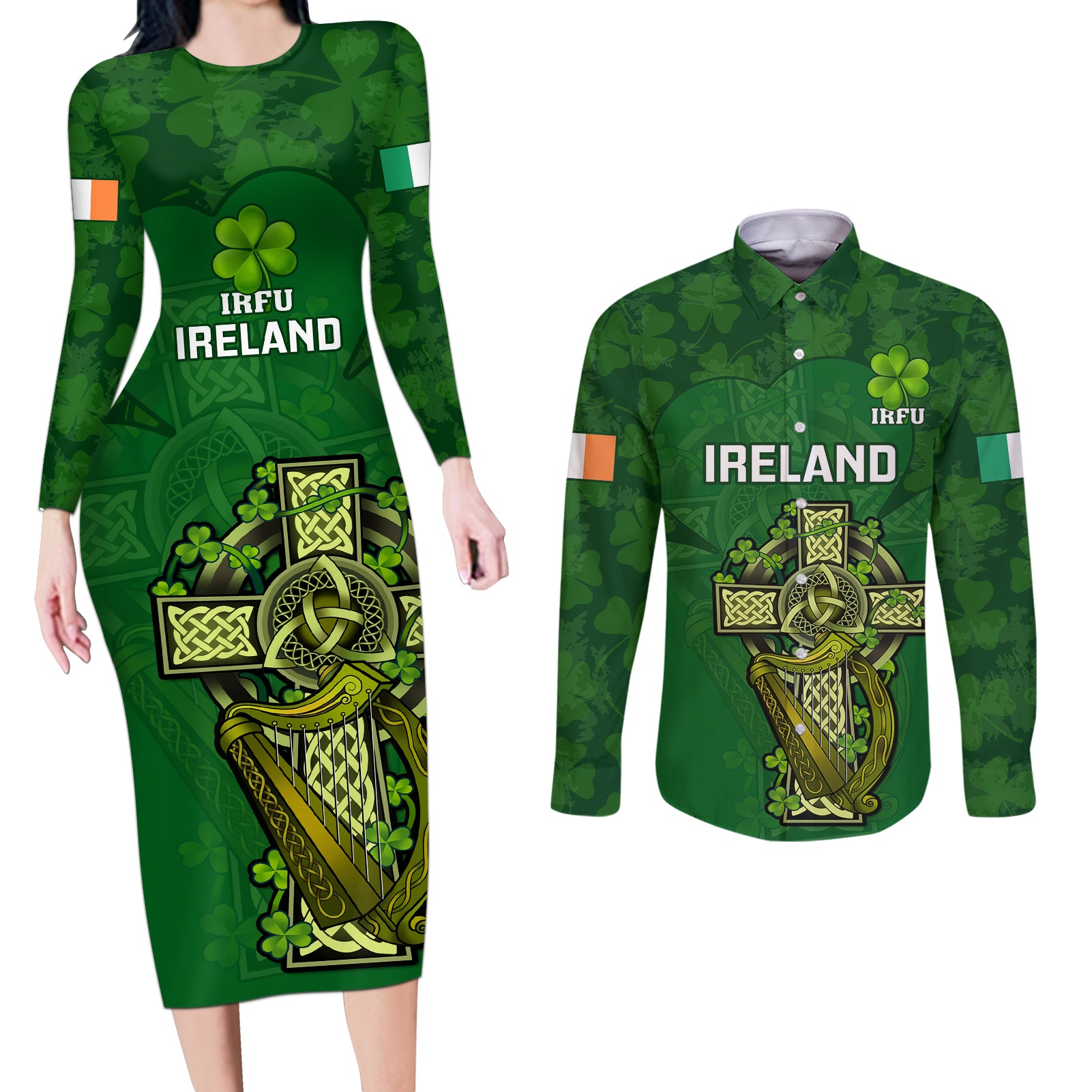 Custom Ireland Rugby Couples Matching Long Sleeve Bodycon Dress and Long Sleeve Button Shirts 2023 Word Cup Celtic Cross Go Champions Irish - Wonder Print Shop