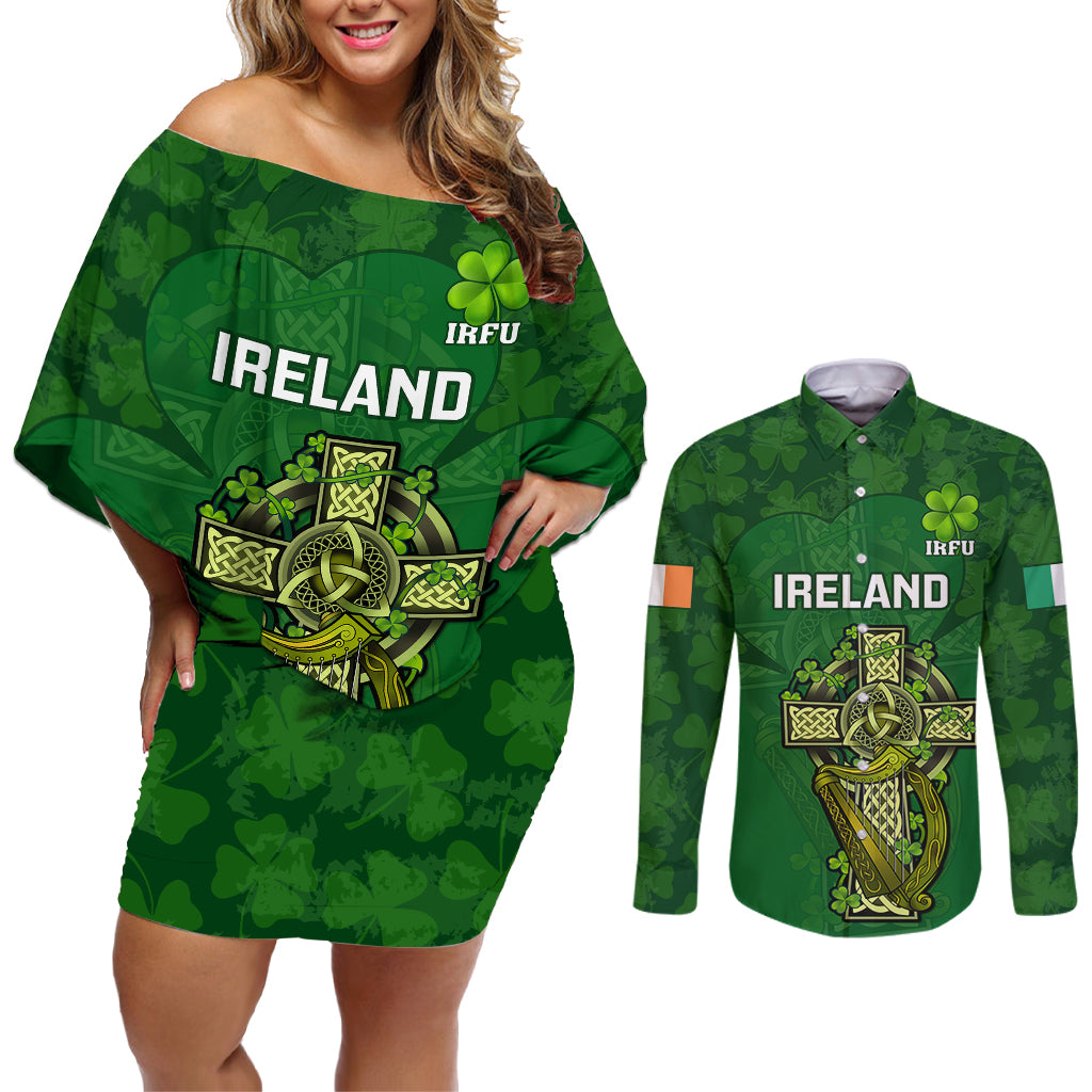 Custom Ireland Rugby Couples Matching Off Shoulder Short Dress and Long Sleeve Button Shirts 2023 Word Cup Celtic Cross Go Champions Irish - Wonder Print Shop