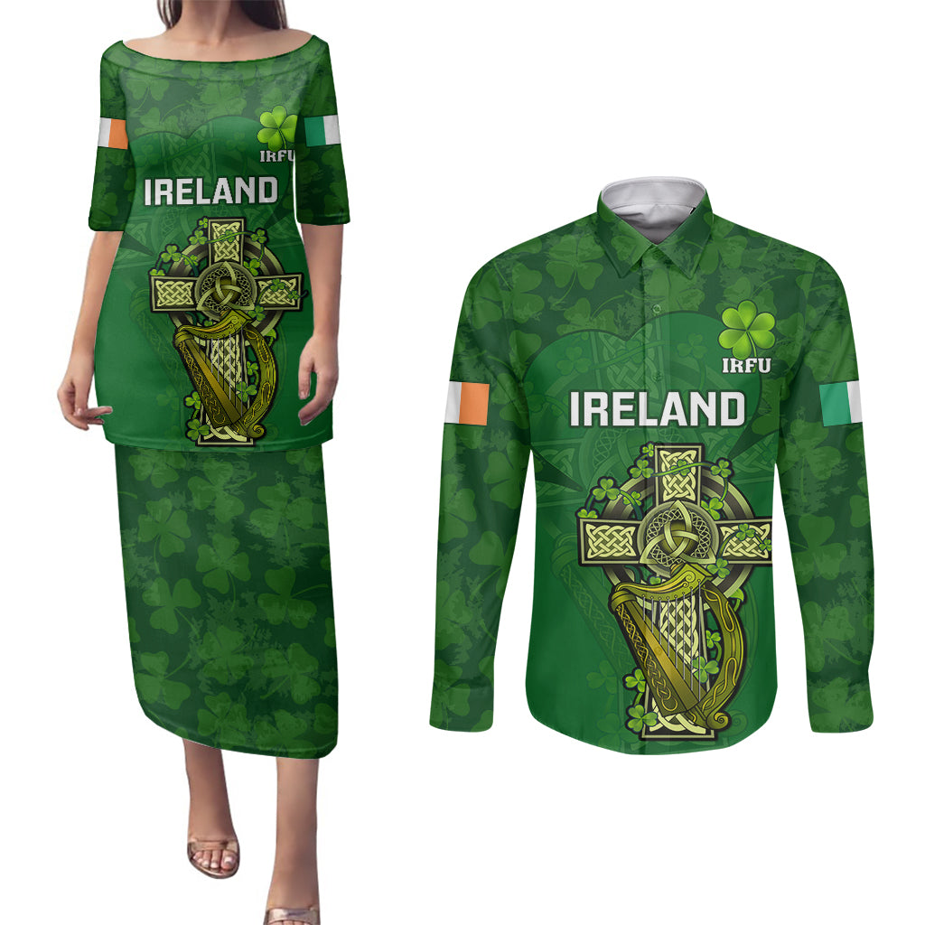 Custom Ireland Rugby Couples Matching Puletasi Dress and Long Sleeve Button Shirts 2023 Word Cup Celtic Cross Go Champions Irish - Wonder Print Shop