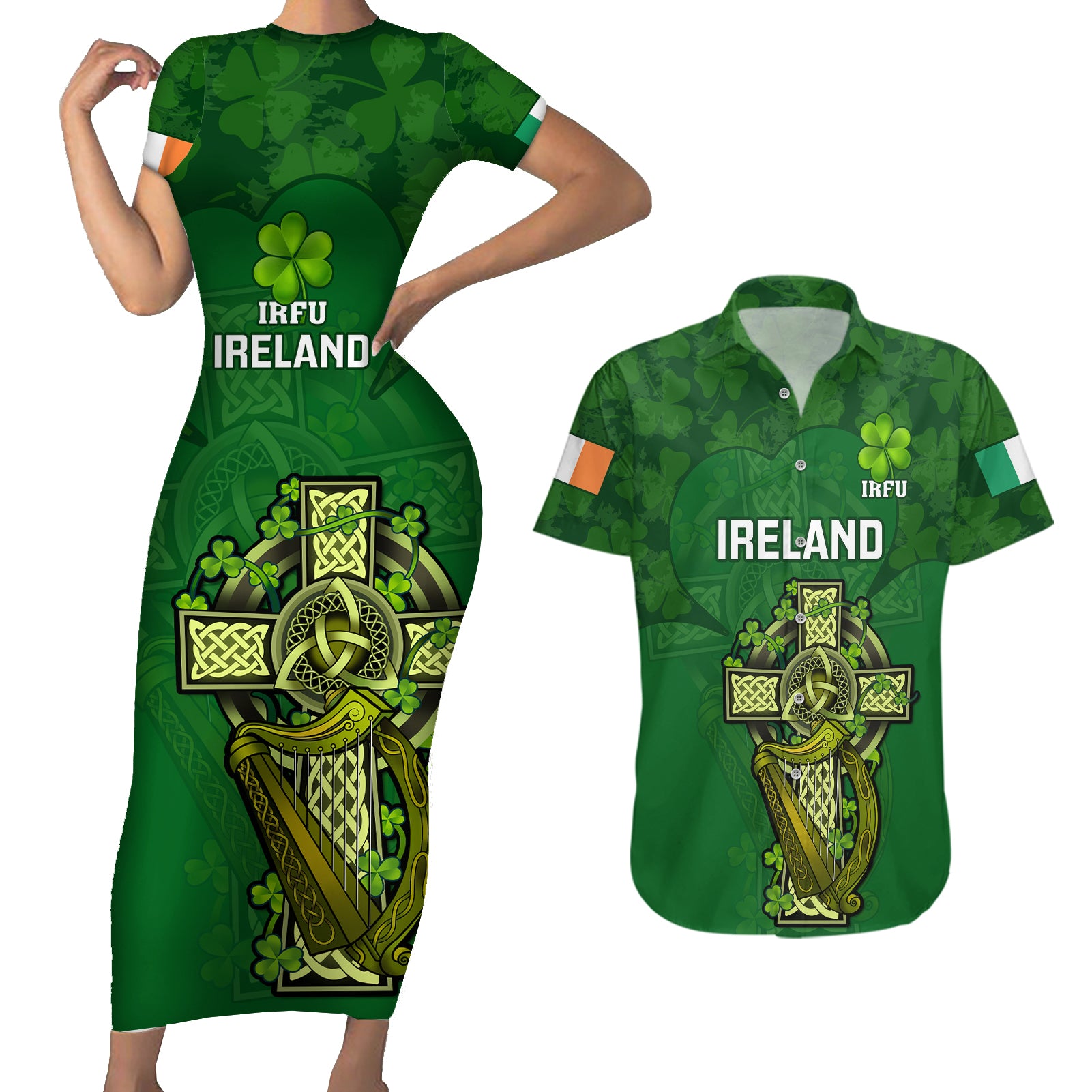 Custom Ireland Rugby Couples Matching Short Sleeve Bodycon Dress and Hawaiian Shirt 2023 Word Cup Celtic Cross Go Champions Irish - Wonder Print Shop