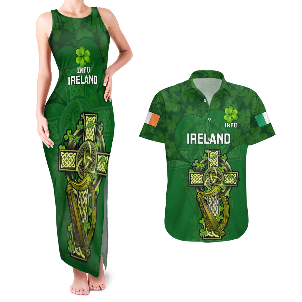 Custom Ireland Rugby Couples Matching Tank Maxi Dress and Hawaiian Shirt 2023 Word Cup Celtic Cross Go Champions Irish - Wonder Print Shop