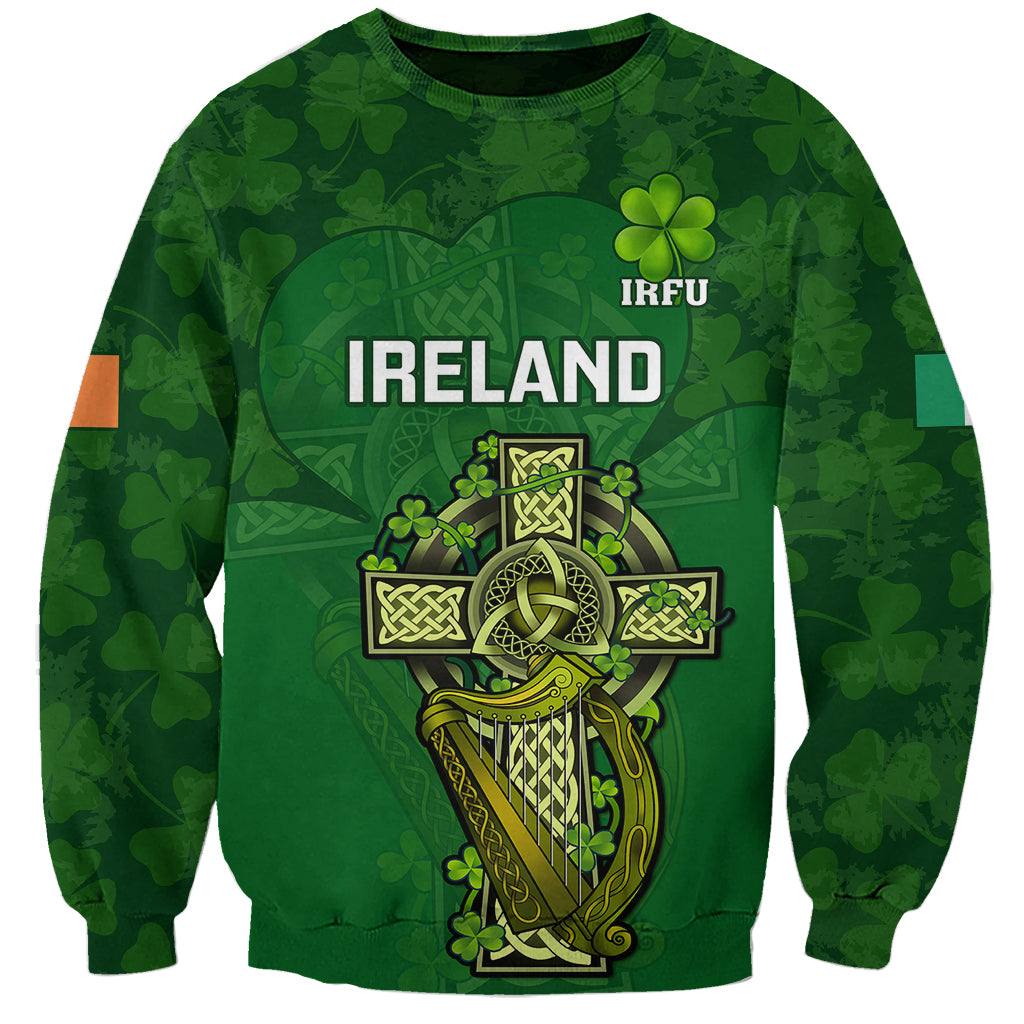 Green Ireland sweatshirt with IRFU logo, clover crest graphic, crewneck cuffs.