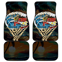 Pair of car floor mats with skeleton surfer, wave text, hibiscus flowers, dark camo